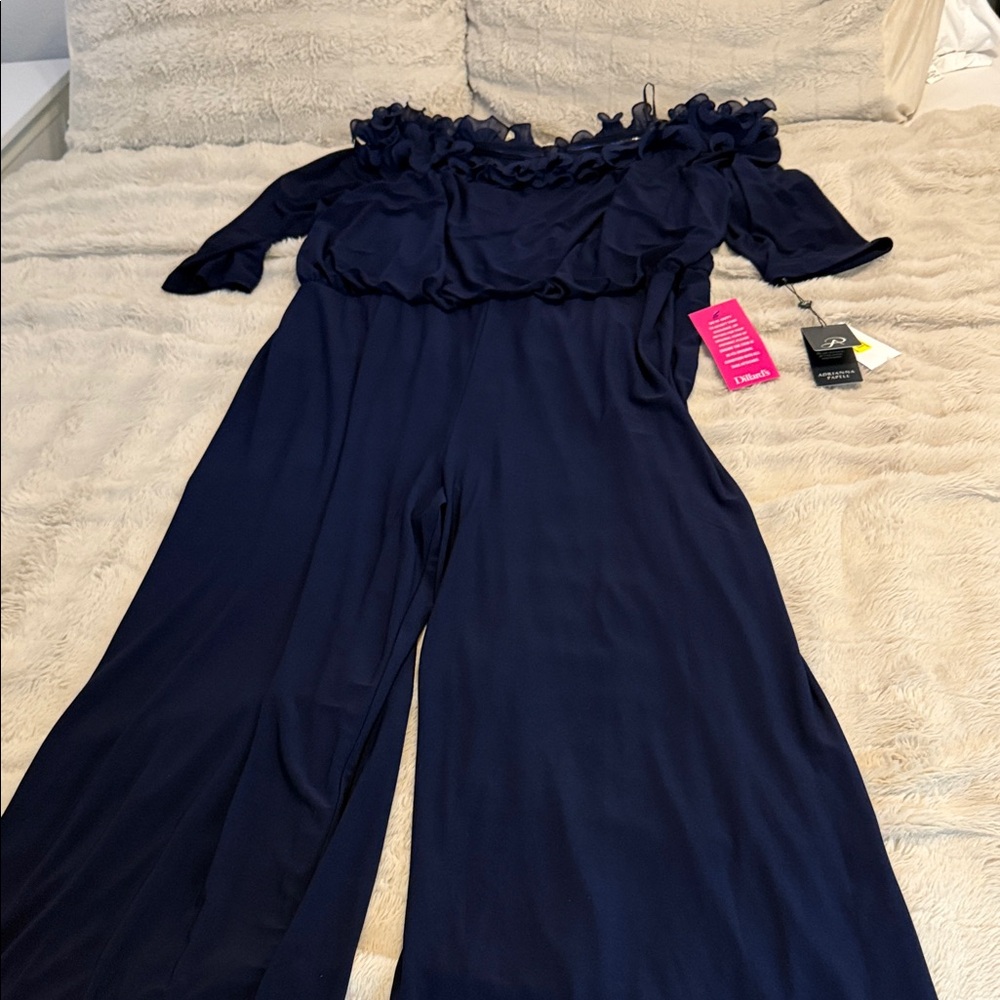Adrianna Papell Navy Ruffle Jumpsuit